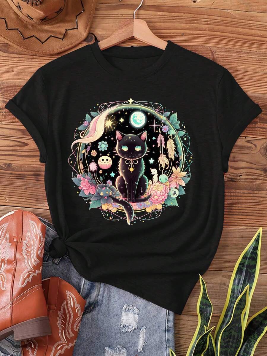 Camiseta, todas las estaciones, para mujer, estampado, casual, manga corta, cuello redondo, cómoda, lavable a máquina, suave, floral, ligero, gato