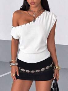 Women's Summer Solid Color Ribbed Fabric Asymmetric Neck Short Sleeve Knit T-Shirt, Rivet Decorated Top, Women's Vacation Outfit White - White - View 2