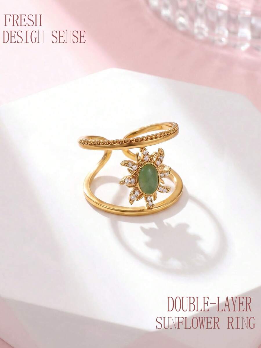 1pc Copper Inlaid Artificial Zirconia Creative Double-Layer Sunflower Open Ring, Women's Exclusive, High-End Designer Jewelry. Suitable For French Wine - Sunflower - View 1