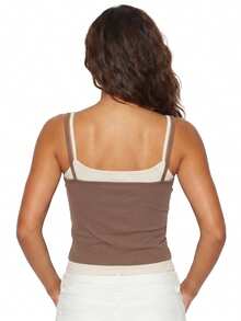 Women's Y2K Contrast Double Layer Spaghetti Strap Ribbed Cropped Cami Top Summer Street Lounge Casual Outfit - Light Brown - View 6