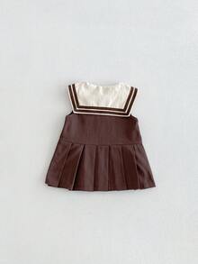 Miniweenns 1件女嬰夏季戶外休閒洋裝，經典水手領配可愛熊貼布，百褶無袖女嬰洋裝 - 咖啡棕 - 查看 5