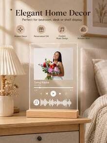 Personalized Custom Acrylic Music Photo Desk Display With Wooden Base, Engravable Exclusive Song Name And Artist Name, Custom Photo Music Waveform Commemorative Gift, Suitable For Couples, Friends And Family - Multicolor - View 2