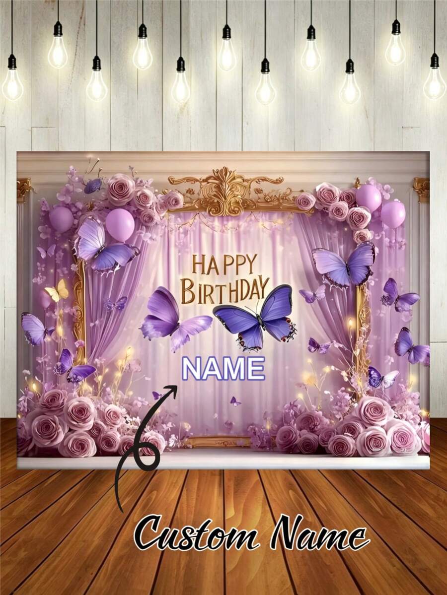 Customizable Name Butterfly Theme Happy Birthday Banner Background, Purple Curtain, Rose Gold Glitter Frame Design, Birthday Party Cake Table Decor, Photography Backdrop, Vinyl Material, Bachelorette Party Favors, Event Signage - Type C - View 1