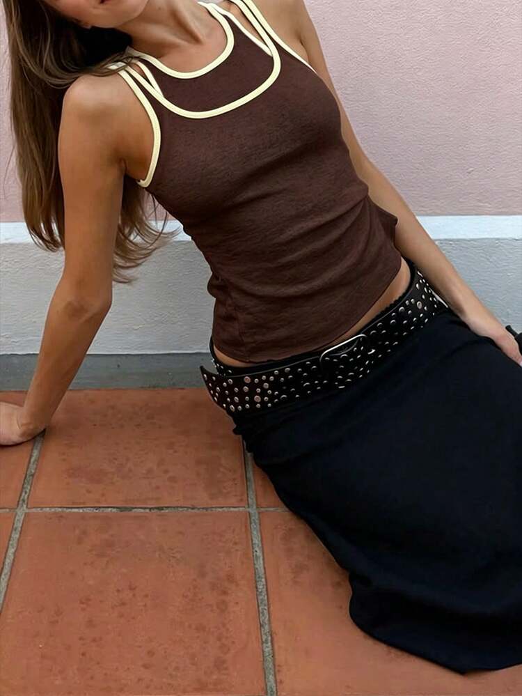Camiseta sin mangas de doble capa marrón, moda casual primavera/verano talla estándar - marrón - Añade 3