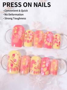 24 Stück kurze quadratische Hibiskus French Press-On Nagelaufkleber, perfekt passend für kurze Nägel, Set enthält 1 Stück Gelee-Kleber und 1 Stück Nagelfeile, einfach zu tragen, geeignet für Sommernägel und French Nails, perfekt für Frauen und Mädchen für den täglichen Gebrauch und Party-Anlässe - Verschiedenfarbig - Übersicht 4