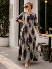 Plus Size Printed Maxi Dress for Women Long Sleeve Button Down Bohemian Casual Dress with Pockets - 紫色 - 查看 3