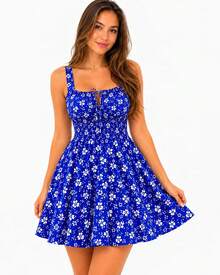 Women's Short Floral Dress With Wide Straps, Fitted Waist, Lightweight, Casual - 寶藍色 - 查看 4