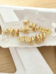 9pcs Vintage Ocean Style Metallic Earrings Set, Starfish Shell Flower Geometric C-Hoop Studs, Versatile For All Seasons, Travel & Vacation, Perfect Gift For Family And Friends - Gold - View 6