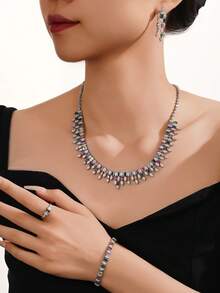 4pcs/Set Elegant Luxury Zirconia Inlaid Colorful Design Necklace, Earrings, Bracelet, Open Ring Jewelry Set. Women's Daily, Banquet, Wedding Jewelry. Valentine's Day Gift Light Luxury High-End Necklace Set - Colorful - View 2