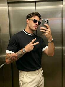 ALTZTAR Men's Round Neck Short Sleeve Solid Color Patchwork Casual Knit Top - Black - View 2