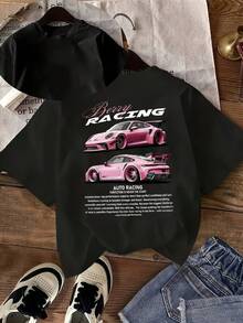 Women'S Fitted T-Shirt With Car Letter Print, Casual Wear For All Seasons - White - View 7