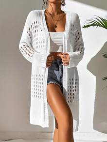 European And American Plus Size Solid Color Women's Hollow Out Mid-Length Thin Knit Lightweight Cardigan Summer Vacation Beach White - White - View 4