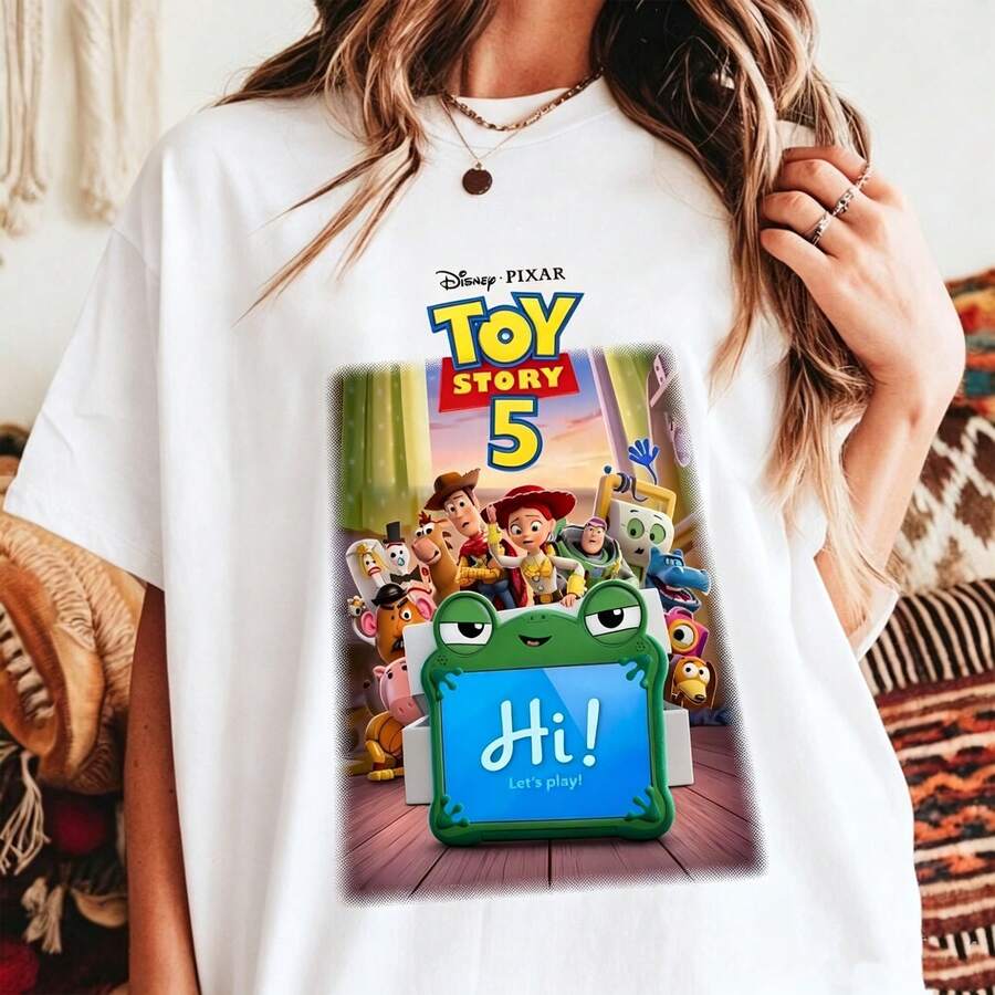 Disney Toy Story 5 Movie Poster Printed Cotton T-Shirt, Casual Tee For Men And Women - 白色 - 查看 1
