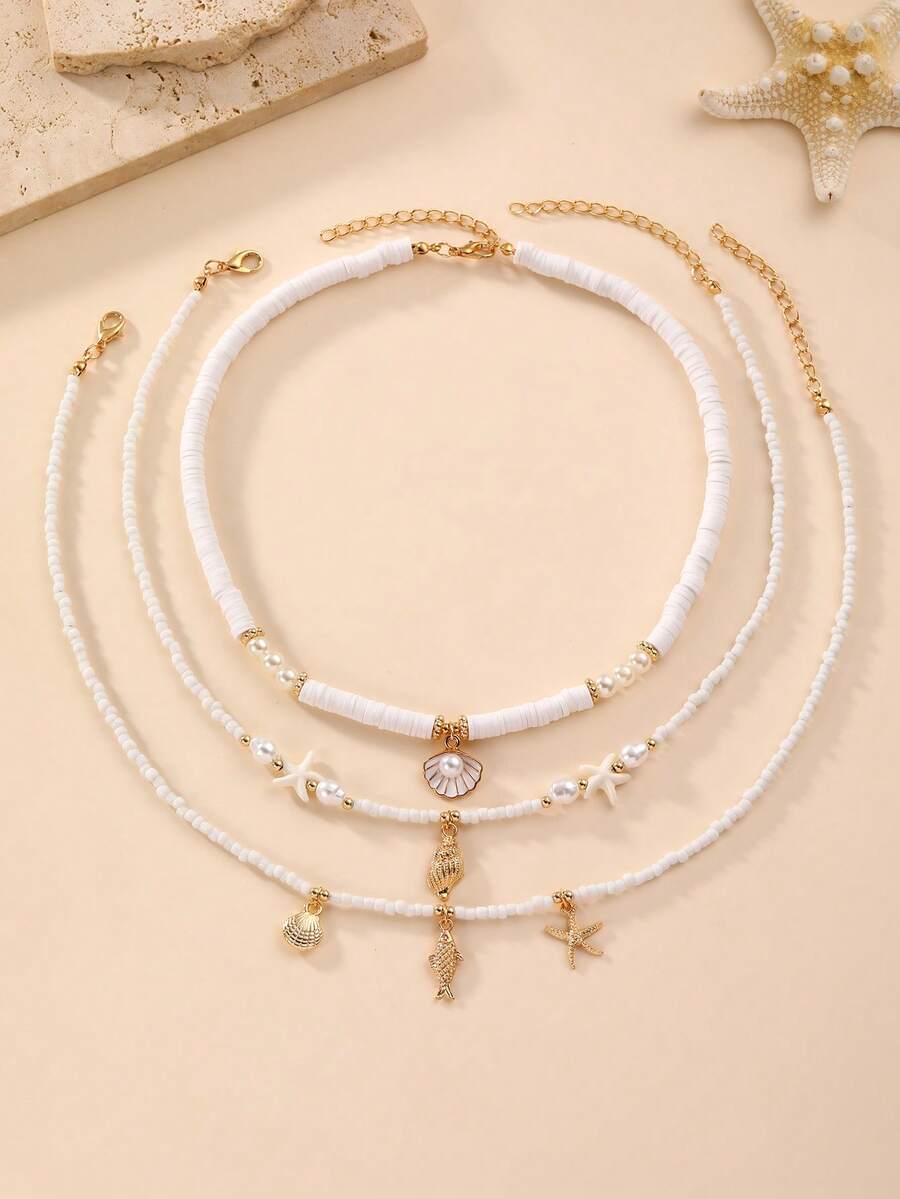 3pcs/Set Bohemian Ocean Style Starfish Shell Pendant Necklace Set, Teen Daily Vacation Accessory - Multicolor - View 1
