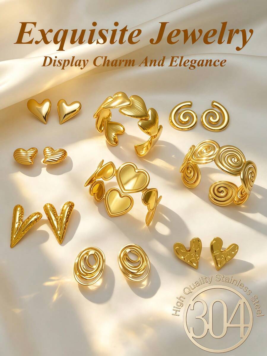 6/9pcs Set. Premium Stainless Steel Women's Jewelry Set, Exquisite Elegant Bracelet And Earring Set, Including Heart And Swirl Line Shaped Earrings, As Well As Heart And Swirl Shaped Bracelets, Multiple Styles, Hypoallergenic Earring Set, Versatile And Elegant, Perfect Gift Choice For Female Friends On Holidays. - Jewelry Set - View 1