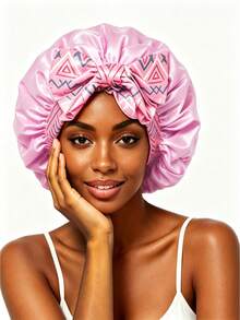 CONFLASS 1pc Women's Pink Printed Satin Sleep Bonnet With Long Ties, Butterfly & Floral Print, Elastic Wide Band Hair Wrap, Suitable For Sleep And Styling, Anti-Frizz, Fits Long Braids And Dreadlocks - Multicolor - View 8