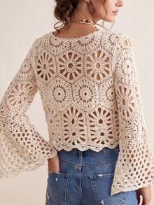Women's Summer Bohemian Crochet Cover Up, Handmade Hollow Knit Cover-Up, Flare Sleeve & Front Tie | Festival Outfit, Beach Vacation Layering - Apricot - View 6