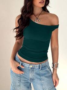 Solid Color Blouse With An Oblique Shoulder And Short Sleeves, Casual Style For Summer - Hijau - View 1