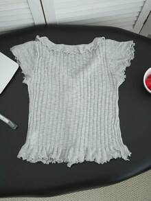 Sommer Neu Koreanischer Stil Soft Girl V-Ausschnitt Rüschen Rippstrick Top - Damen Slim Fit Crop Kurzarm Shirt - Grau - Übersicht 7