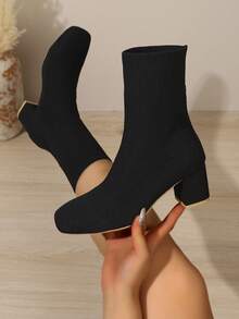 Women's Square Toe Chunky Heel Mid-Calf Boots, Autumn/Winter High Heel Boots, Elegant Personalized Versatile Style - Black - View 4