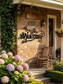Decoración de pared para la entrada exterior - Letrero de bienvenida de metal con corte láser colgante de pared - Negro-C - Ver 9