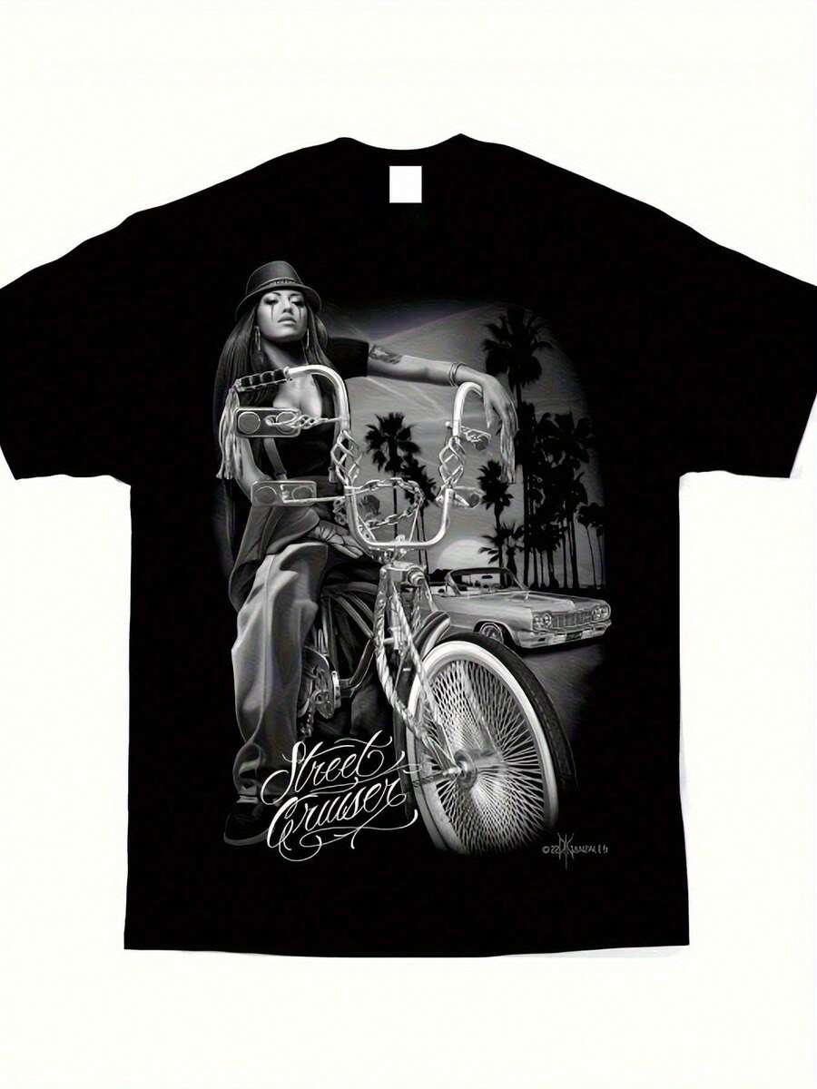 Chicano Street Art Graphic T-Shirt For Men - DGA D Gonzales Lowrider Bike & Palm Tree Art, Casual Regular Fit Heavyweight 230G T-Shirt For Adults, All - Black - View 1