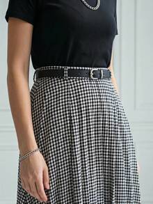 Elegant Houndstooth Patterned Mid-Length Pleated Skirt with Belt for Women - 黑色 - 查看 5