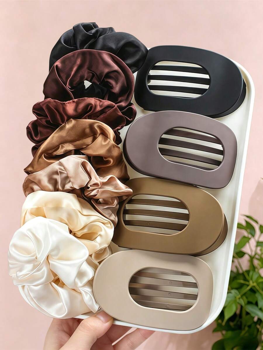 2/9pcs/Set Maillard Color Palette Satin Scrunchie & Claw Clip Hair Accessories Set, Black, Coffee, Brown, Milk Tea, Beige Low Saturation Colors, Versatile & Practical - Suitable For Girls And Women, Perfect For Daily Outings, Parties, Vacations, Dates Or Graduation Season,Claw Clips - Multicolor - View 1