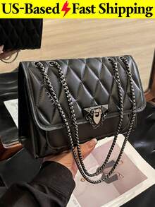 Casual Indentation Diamond Shape Square Bag Chain Flap Shoulder Crossbody Bag Solid Color Quilted Handbag Black Purse For Daily Travel Back To School - Multicolor - View 8