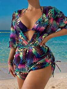 Sultry Sol 3pcs Women Tropical Plant Print Halter Neck Bikini Set With Removable Sarong Cover-Up Elegant - Multicolor - View 2