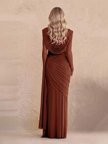 Solid Color Elegant Spliced Mesh Draped Evening Gown For Party And Formal Dinner - Rust Brown - View 3