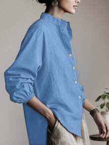 Camisa de lino de unicolor holgada para mujer, de manga 3/4, tejido de caída de hombros, cuello alto, longitud de manga hasta la muñeca, abotonadura delantera, casual minimalista, elegante retro, versátil para vacaciones, Navidad, Halloween - Azul - Ver 6