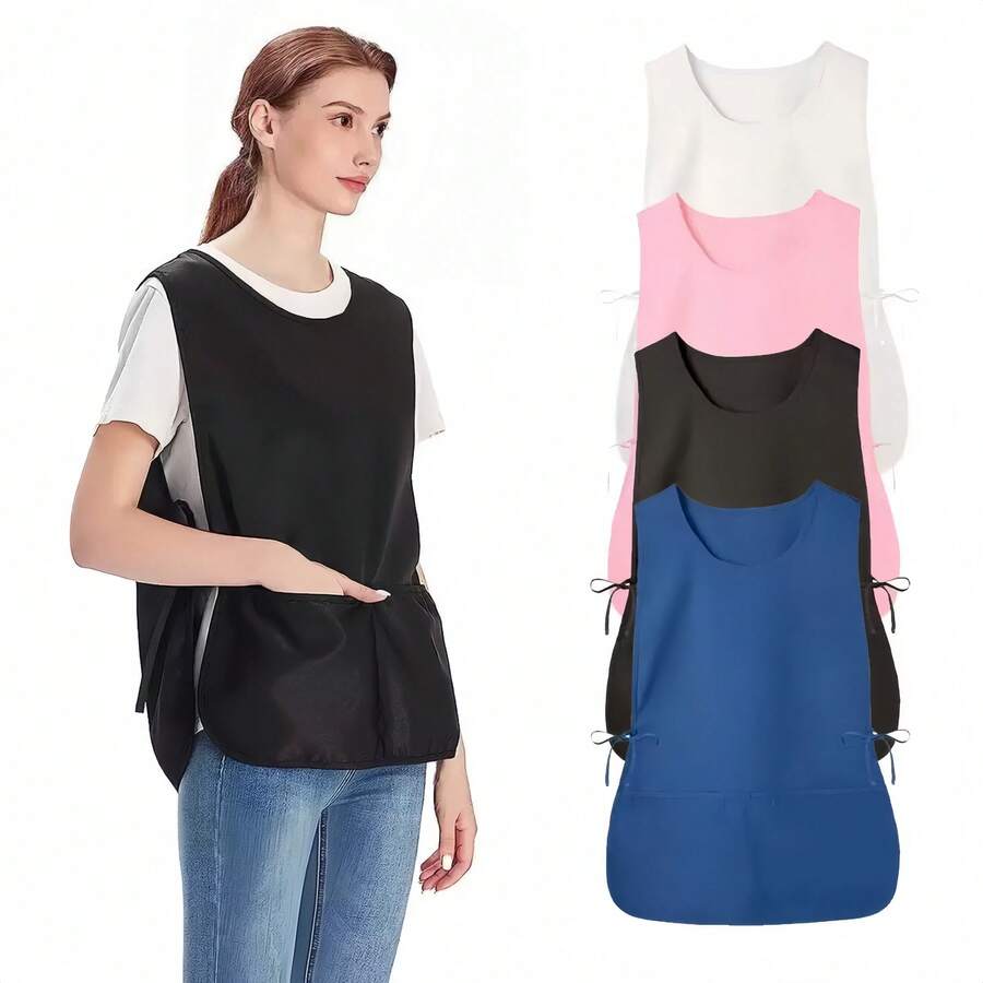 1pc Polyester Shoemaker Apron With Pockets, Unisex Sleeveless Solid Color Apron, 4 Adjustable Side Ties, Durable Professional Work Apron, Suitable For Supermarket, Restaurant, Barbershop, Nurse, Home Use