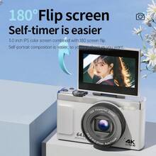 True 4K 數位相機 64MP 插值 13MP 實際像素,180° 可翻轉螢幕,16倍數位變焦 防震 Vlog 相機,附補光燈、人臉偵測與美顏功能 - 1200mAh 電池 - 查看 6