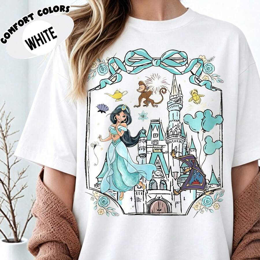 Disney Ladies Oversized T-Shirt Retro ComfortColors Coquette Bow Disney Princess T-Shirt Belle Ariel Elsa Cinderella Magic Kingdom Suitable For Gifts - 白色 - 查看 1
