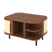 Coffee Table, Side Table, Curved Shape, Woven Surface, MDF Body, Metal Handles, Metal Legs, Storage Space, Living Room Table - Walnut Wood Color - View 6
