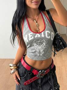 Women's Retro Letter Print Camisole-Style Crop Top With Green And Red Trim, Sporty Style, Casual Summer Wear. - 灰色 - 查看 1
