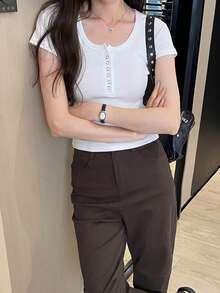 女款正肩短袖優雅法式方領修身灰色上衣，白色休閒夏季法式女孩風 - 白色 - 查看 5