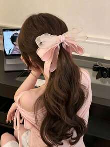 1件女款高級黑色框架網布髮夾，金色飾邊歐根紗大蝴蝶結香蕉夾緞面絲帶馬尾垂直夾，溫柔日常女性髮飾，甜美時尚風格，適合固定高馬尾髮型，優雅奢華，適用於學校、派對、芭蕾表演或日常穿著，也可作為穿衣時的固定夾或用於各種節日與生日慶祝，髮爪 - 彩色 - 查看 5