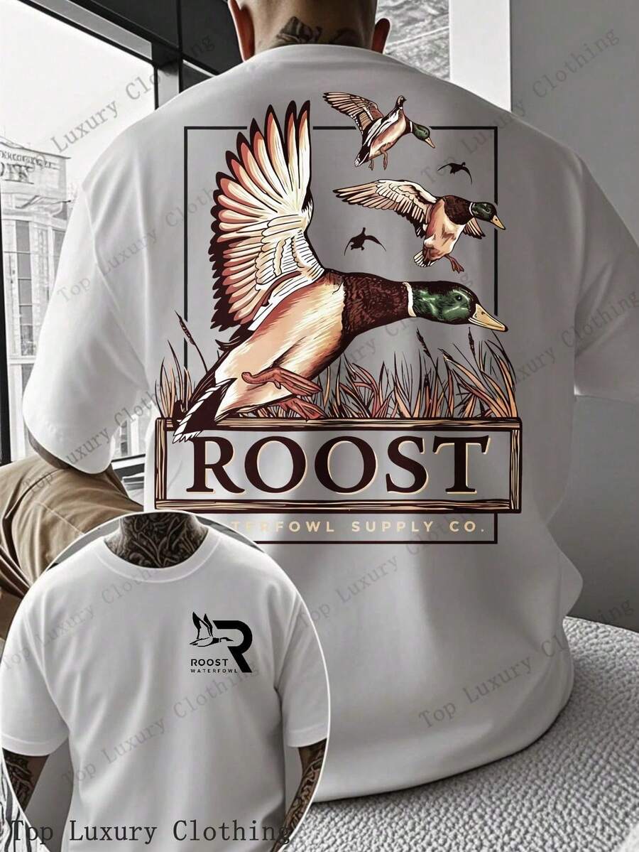 Cotton Men's T-Shirt, Roost Wf Hunting T-Shirt, Camouflage Background With Flying Duck Pattern, Men's Outdoor Sports And Hunting Print T-Shirt, Gift. - 白色 - 查看 1