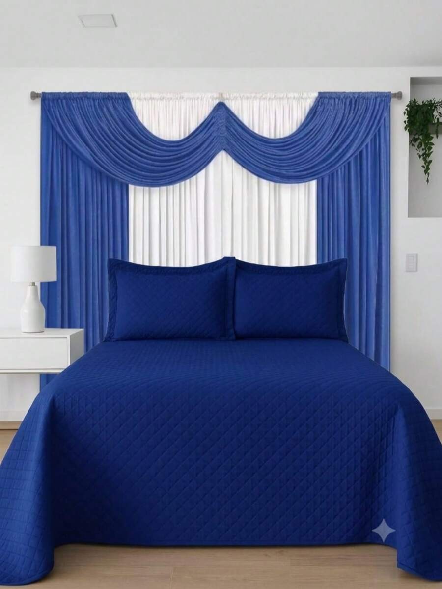 Curtain Kit (2 Meters) + Standard Double Bedspread (3 Pieces) - 藍白色 - 查看 1