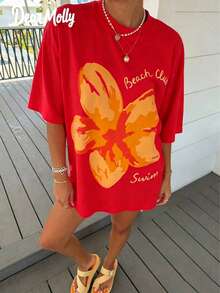 Tops Women Summer DEAR MOLLY Beach Club Swim Hibiscus Print T-Shirt,Casual Loose Round Neck Drop ShoulderShort SleeveTee,Daily Wear,&ComfortableY2k - 紅色 - 查看 5