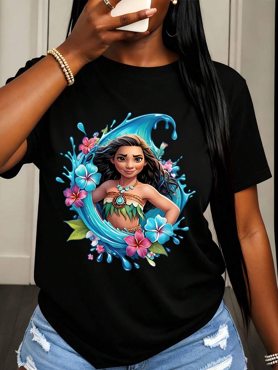 Disney Moana Character With Tropical Flowers And Ocean Wave Print T Shirt Women Casual Summer Fashion Streetwear Style - 黑色 - 查看 1