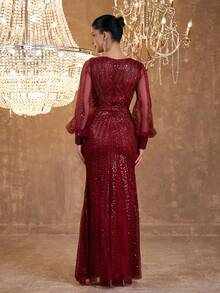 Women's Charming Red Long Formal Gown, Embroidered Bishop Sleeves And V-Neck Design, Perfect For Evening Parties And Balls - Burgundy - View 2