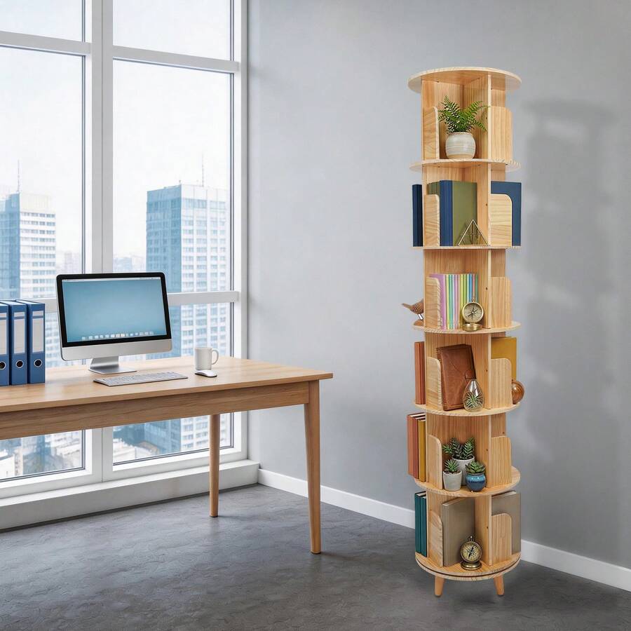 GDAE10 Drehbares Bücherregal, 360° Display, Standregal mit 6 Ebenen, Multifunktionales Bücherregal Aufbewahrungsregal, für Schlafzimmer Wohnzimmer , Aufbewahrungsregal für Kinder und Erwachsene - Holzfarbe - Übersicht 1