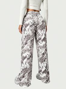 Women's Street Style Wide Leg Pants, Grey Abstract Tie-Dye Print, Soft Casual Long Pants - Multicolor - View 3