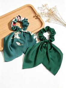 3pcs Set Satin Solid Color Headscarf Triangular Shawl, Hair Accessories - Dark Green - View 8