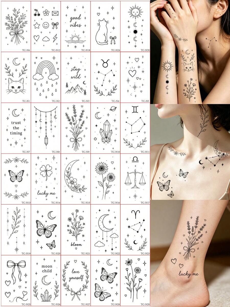 30入組黑色紋身貼紙手指貼紙,包含貓、星星、月亮、花朵、星座及其他圖案貼紙,防水且持久的圖案紋身貼紙,適用於手指、耳後、手腕及其他身體部位 - 黑色 - 查看 1