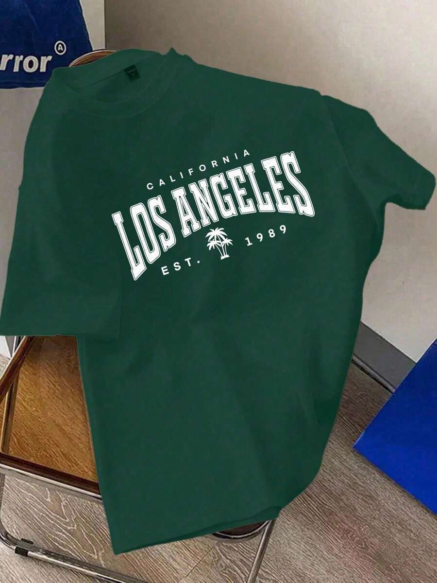 Men's White Woven Fabric T-Shirt With Los Angeles Graphic Print, Short Sleeves And Crew Neck, Regular Fit - 綠色 - 查看 1