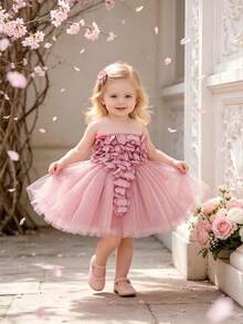 Baby Girls Round Neck Sleeveless Heart Mesh Flower Girl Dress, Headband Not Included - Dusty Pink - View 2
